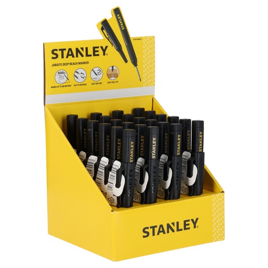 Yellow STANLEY display box containing multiple black deep reach markers with clips.