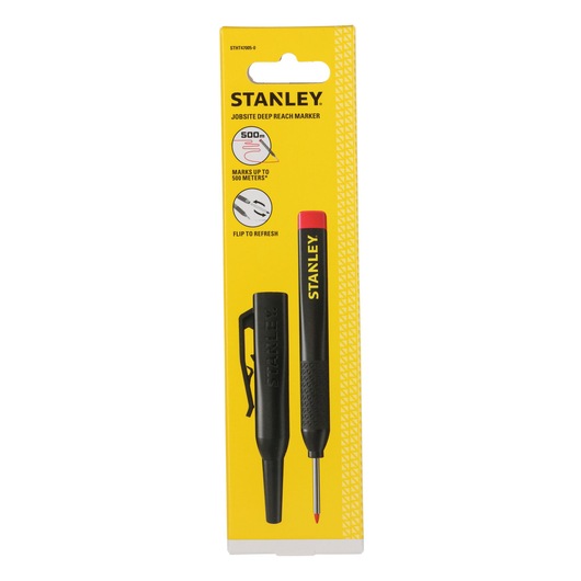 Stanley jobsite deep reach marker in black and yellow packaging, suitable for marking up to 500 meters.
