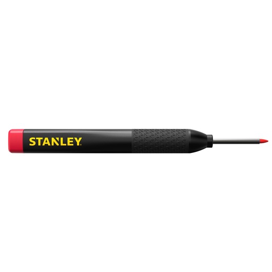 Photo of STANLEY STHT47005 black and red center punch tool, side view, with yellow logo on handle.