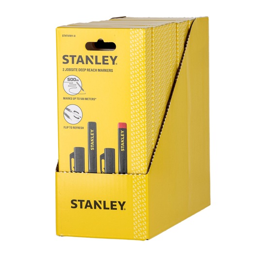 Stanley yellow box with two jobsite deep reach markers, marking up to 500 meters, product SKU STHT47011-0.