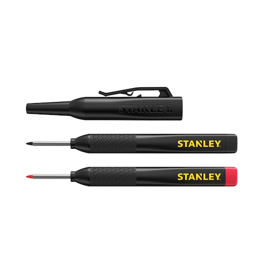 STANLEY STHT47011 black fine tip marker set, two markers with yellow logo, one with red cap, top-down view.