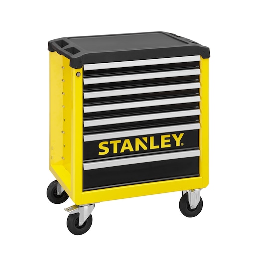 STANLEY STHT6-80827 tool chest with six drawers and casters, yellow and black, front angle photo.