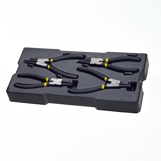 STANLEY STHT6-80827 pliers set with black handles in a black tray, top angle, photography.