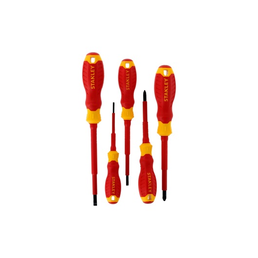 STANLEY STHT65556-0 screwdriver set, red and yellow handles, front view, five pieces, photography
