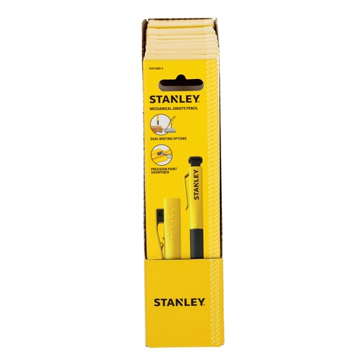 A yellow box containing Stanley mechanical jobsite pencils, displayed upright. The packaging features branding, highlights dual writing options and precision point sharpener.
