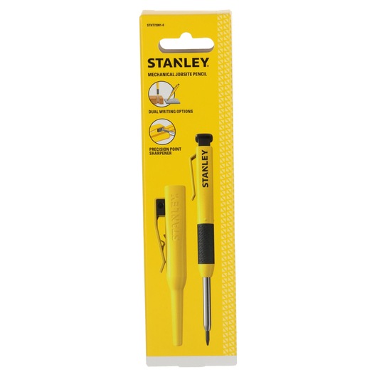STANLEY mechanical jobsite pencil set in yellow retail packaging, featuring a pencil and sharpener with dual writing options and precision point sharpener.