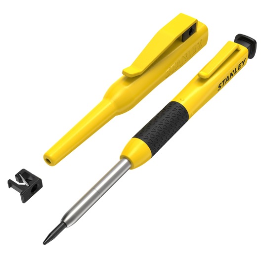 STANLEY STHT72001, STHT72001-0 yellow hand tool with cap and bit, photography, white background.