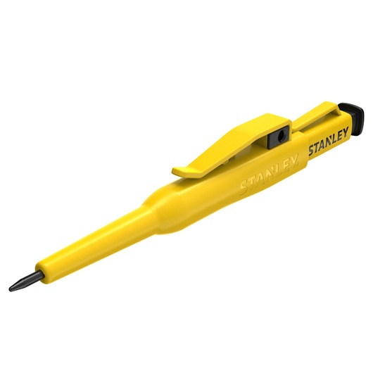 STANLEY STHT72001 yellow marking pencil with pocket clip, side view on white background.