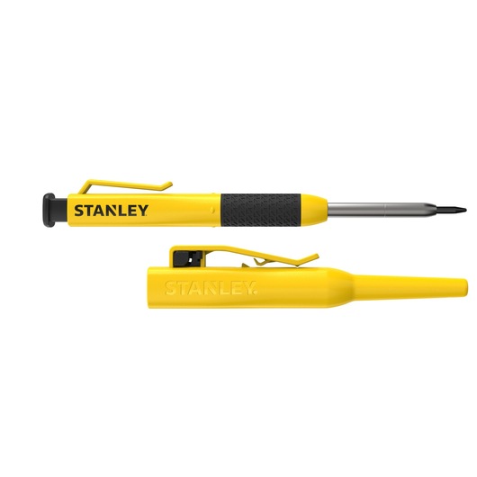 STANLEY STHT72001 yellow precision screwdriver with clip, shown with and without cap, white background, side view.