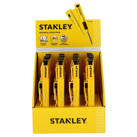 Display box of Stanley mechanical jobsite pencils in yellow, each with a black clip and branding. The box highlights dual writing options, precision point sharpener, and that the pencils make marks on jobsite materials.