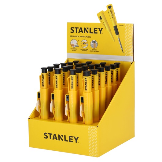 Display box containing multiple yellow STANLEY mechanical jobsite pencils, each with a black tip and clip. The display features the STANLEY logo and illustrations describing the pencil's features, such as dual writing options and precision point sharpener.