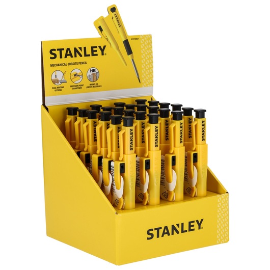 A display box containing multiple yellow Stanley mechanical jobsite pencils. The box features the Stanley brand name and product information about dual writing options, precision point sharpener, and marking on jobsite materials. Two pencils are shown on the top of the box to highlight their features.