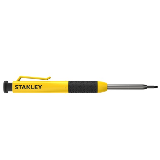Photo of STANLEY STHT72002 yellow and black precision screwdriver with pocket clip, side view, on white background.
