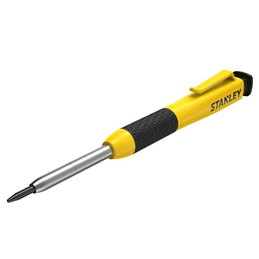 STANLEY STHT72002 yellow and black multi-bit screwdriver with textured grip, side angle, white background.
