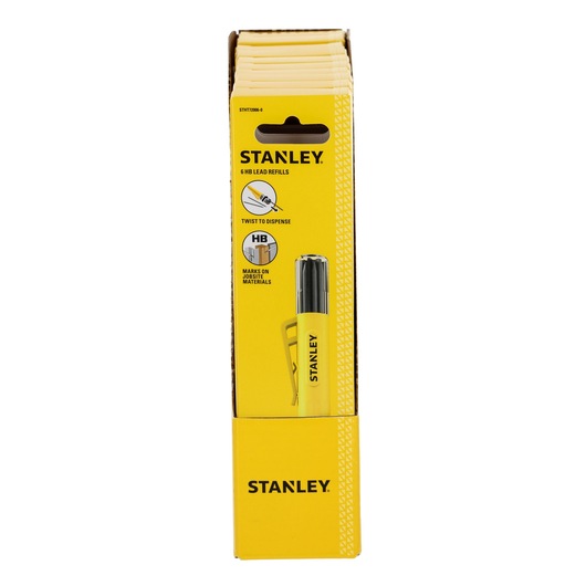 A yellow STANLEY display box containing several packs of STANLEY HB lead refills, with product information including 'Twist to dispense' and 'Marks on jobsite materials' shown on the packaging. A visible yellow mechanical pencil or marker is also displayed in the box.