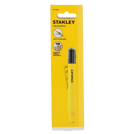 A STANLEY HB lead refill marker in yellow packaging, showing the pen with a clip. The packaging highlights features such as 6 HB lead refills, a twist to dispense mechanism, and marks on jobsite materials.
