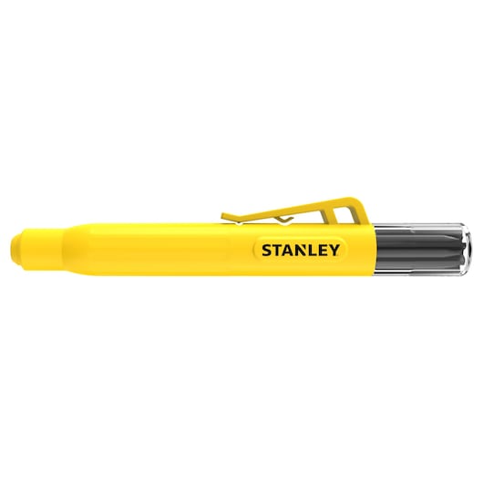 Photo of STANLEY STHT72006 yellow mechanical pencil with pocket clip, side view on white background.