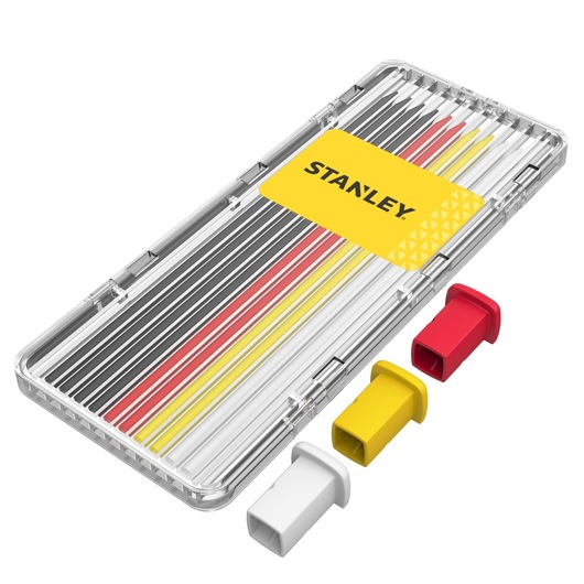 STANLEY set of colored photo markers in clear case with yellow, red, and white caps shown separately.
