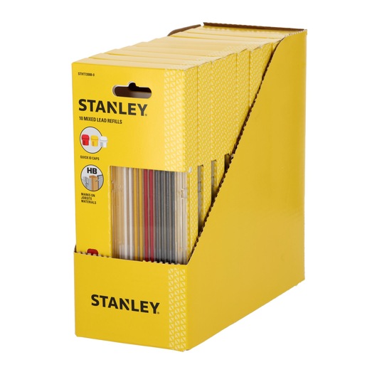 A yellow STANLEY display box containing multiple packs of 10 mixed lead refills, STHT72008-0. The packaging features product details and branding, and the leads are visible in assorted colors through the clear lower section.