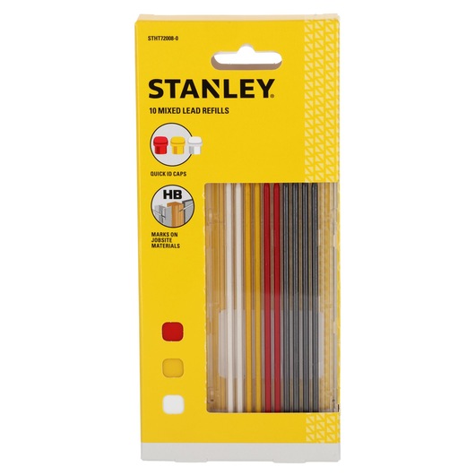 Front view of a package of STANLEY 10 mixed lead refills, model STHT72008-0, with colored leads and quick ID caps for marking on jobsite materials. The packaging is yellow with product information and a clear window showing the leads in red, yellow, and black.