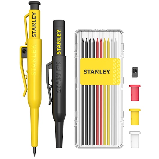 Stanley marking pencil set with two pencils, assorted refills, caps and sharpener in a box.