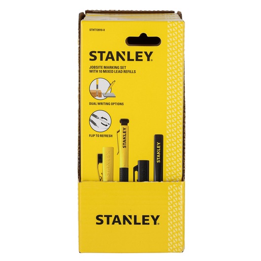 Stanley jobsite marking set in yellow box with 10 mixed lead refills for dual writing options.