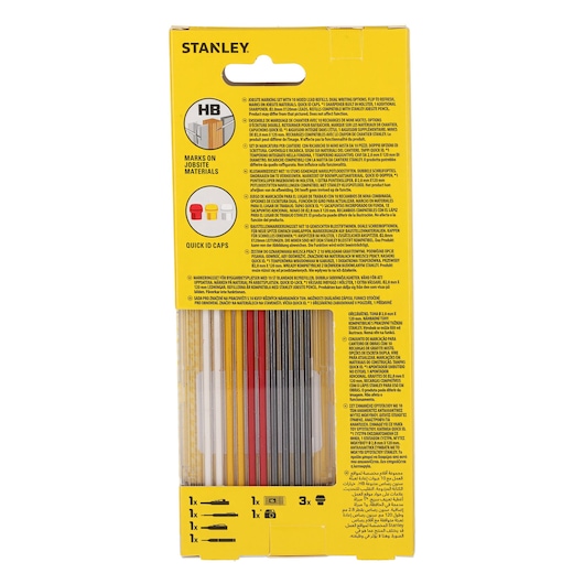 Stanley marking set package with colored leads and ID caps for use on jobsite materials, yellow box with instructions.