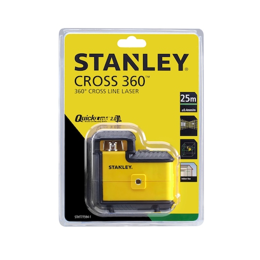 Stanley STHT77594-1 360° Cross Line Laser in yellow and black blister packaging, front view.