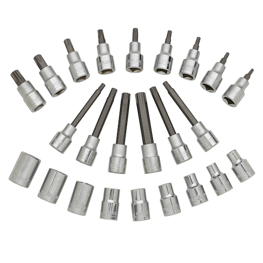 STANLEY STMT1-74176 socket and bit set arranged in a semi-circle, silver finish, top-view photo.