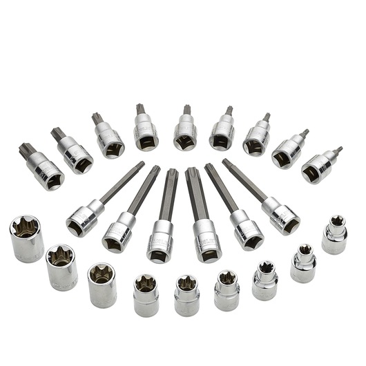 STANLEY STMT1-74176 socket and bit set, silver, photography, top angle, multiple sizes arranged in arc.