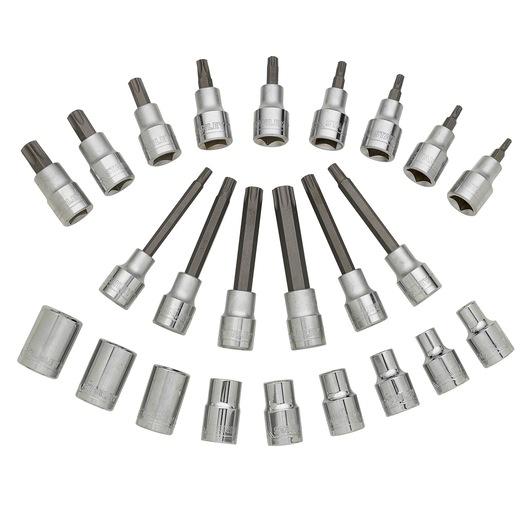 STANLEY STMT1-74176 socket bit set arranged in a semicircle, silver chrome finish, studio angle.