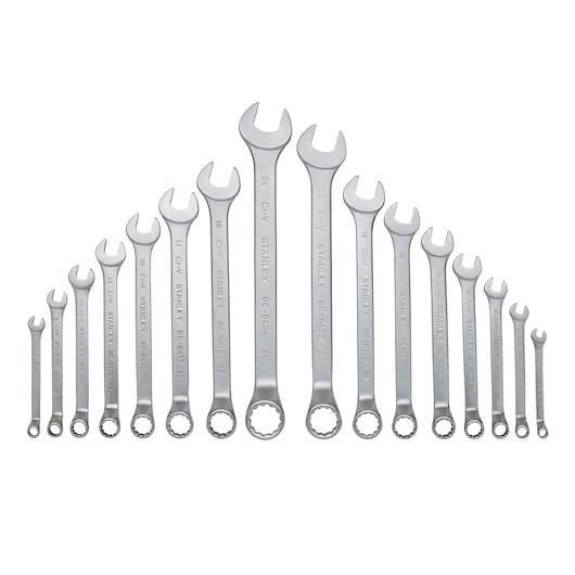 Set of 16 STANLEY combination wrenches arranged by size from small to large in a row.