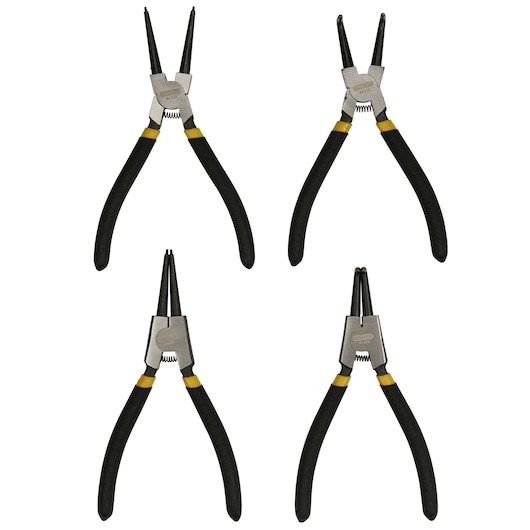 Four STANLEY pliers with black handles for snap rings, shown against a white background.