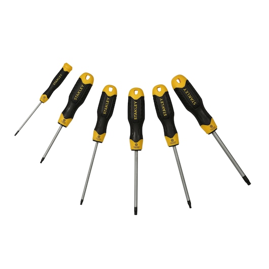 Six STANLEY screwdrivers with black and yellow handles arranged in a row, various sizes and types.