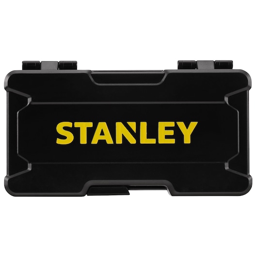 Front view of STANLEY STMT82672-0 black tool case with yellow STANLEY logo.