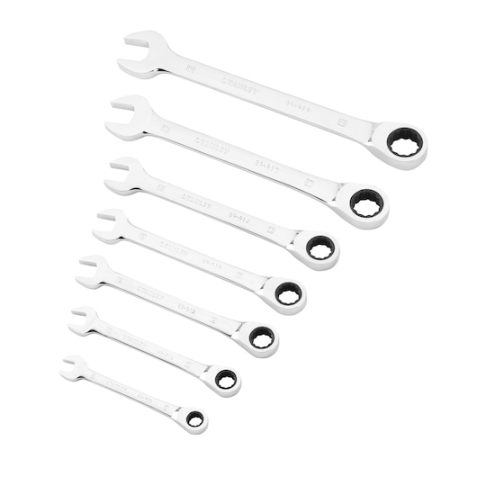 STANLEY STMT82846-0 ratcheting combination wrench set, seven silver wrenches, top view, white background.