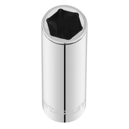 STANLEY STMT86098-0 chrome socket tool, vertical angle, embossed logo, white background.