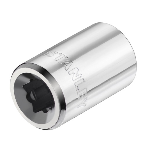 STANLEY STMT86108-0 chrome socket, cylindrical hand tool, angled view, embossed brand name, white background.