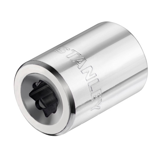 Photo of STANLEY STMT86114-0 chrome socket, angled view showing engraved brand and internal multi-tooth design.