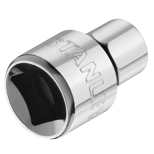 Photo of STANLEY STMT86303-0 chrome socket, tool accessory, angled on white background.