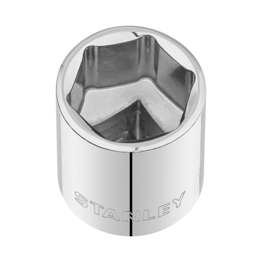 Photo of STANLEY STMT86314-0 chrome socket tool, top angle, with engraved brand name.