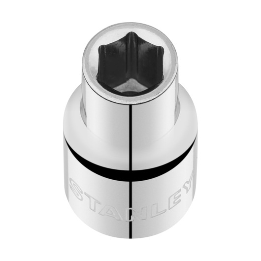 STANLEY STMT86510-0 chrome socket, six-point design, top view with engraved branding, white background.