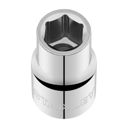 Photo of STANLEY STMT86512-0 chrome socket, hexagonal opening, tool accessory, top angle on white background.