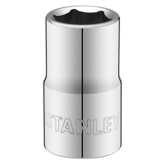 STANLEY STMT86514-0 chrome socket, front angle, embossed logo, tool accessory against white background.