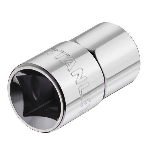STANLEY STMT86514-0 chrome socket adapter photography, angle shows engraved brand and square drive.