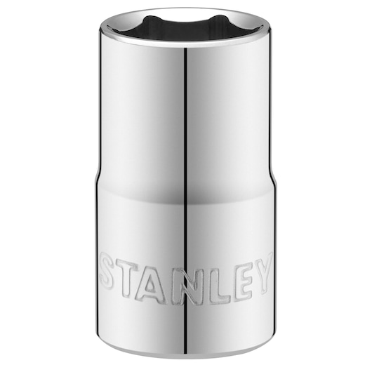 Photo of STANLEY STMT86515-0 chrome socket, cylindrical shape, engraved brand, product photography, front angle.