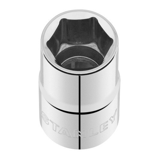 STANLEY STMT86515-0 chrome six-point socket, tool accessory, top angle on white background.