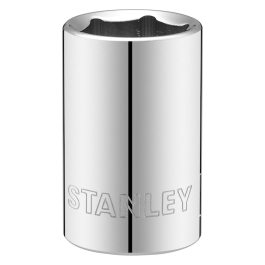 Photo of STANLEY STMT86517-0 chrome socket, cylindrical design, engraved brand, front angle, tool accessory.