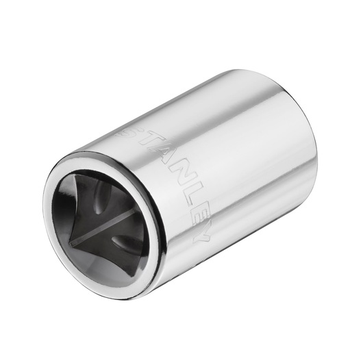 STANLEY STMT86517-0 chrome socket, cylindrical, angled view, photography on white background.