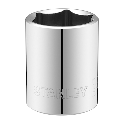 Photo of STANLEY STMT86524-0 chrome socket tool, front angle, silver finish, photography.